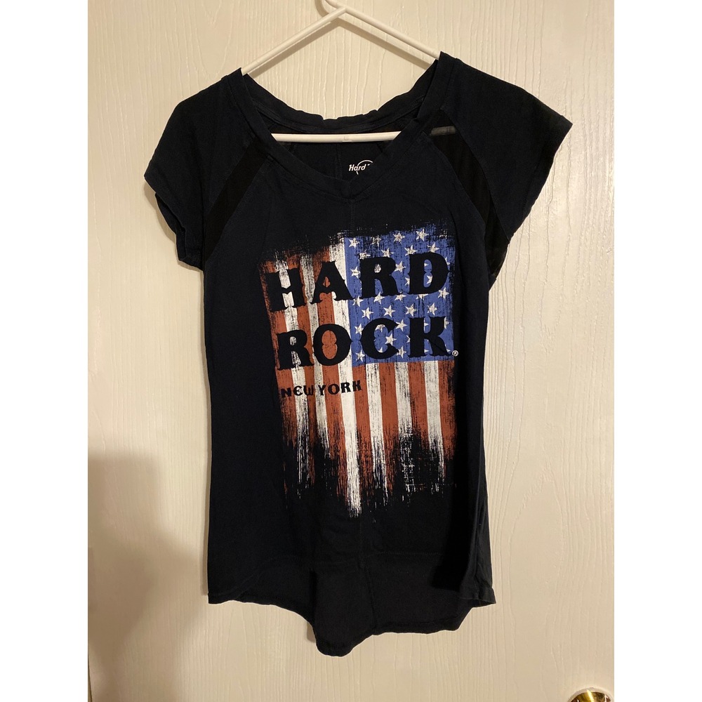 Hard Rock Cafe New York T-Shirt Womens Medium Navy Blue Mesh V-Neck Tee 0164